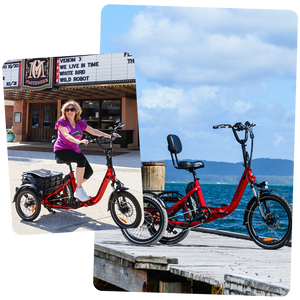 An active senior woman happily riding a red Addmotor electric trike outdoors, demonstrating independence and mobility for older adults.
