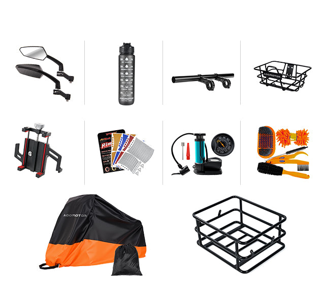 Triketan M-330F Pack(Mirrors, Rear Rack, Cleaning Tools, Bike Pump, Water Bottle, Bracket Holder Extender, Bike Cover, Front Basket, Phone Holder Mount Pro, Rim Reflective Tape Stripes)