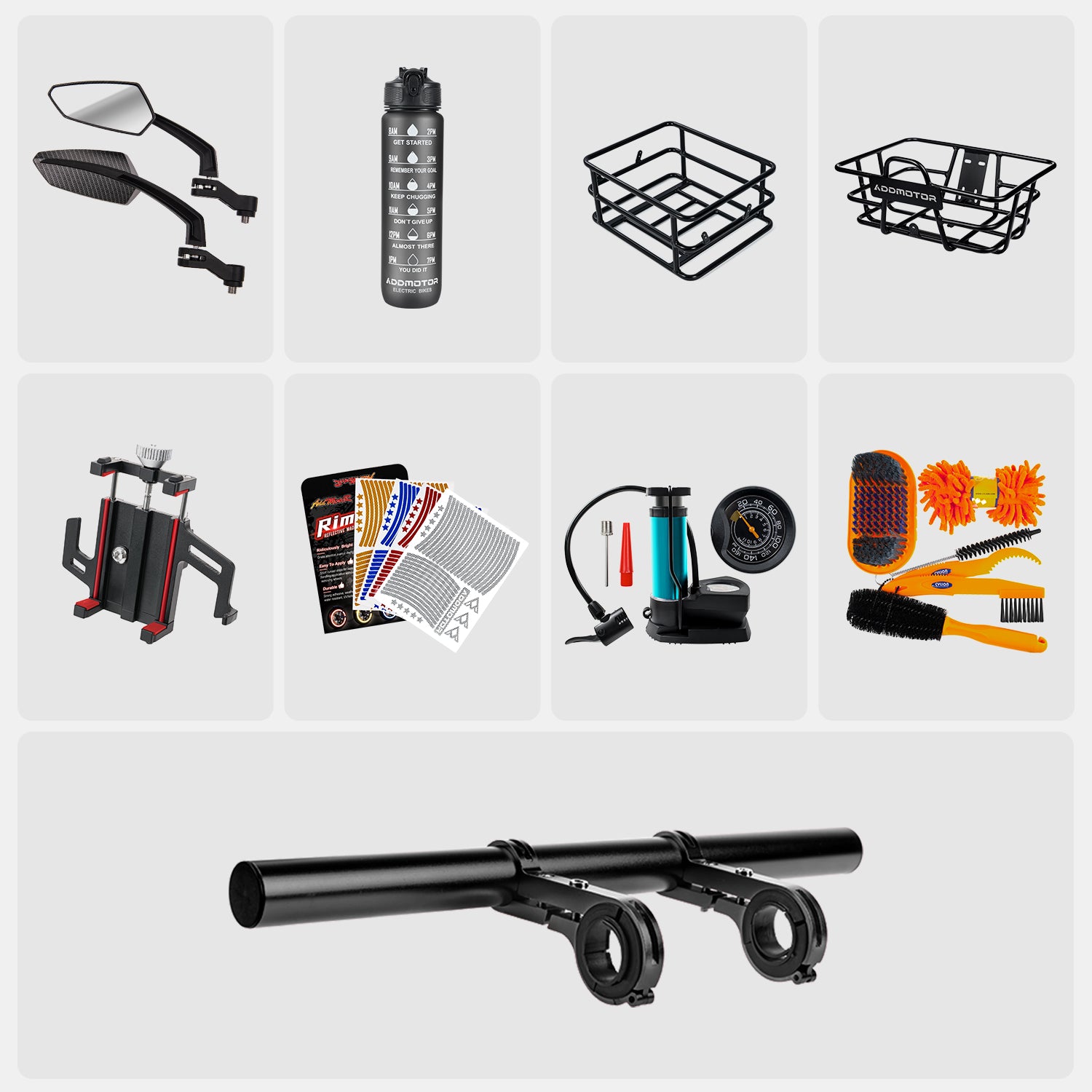 Grandtan Pack(Mirrors, Rear Rack, Cleaning Tools, Bike Pump, Water Bottle, Bracket Holder Extender,  Front Basket, Phone Holder Mount Pro, Rim Reflective Tape Stripes)